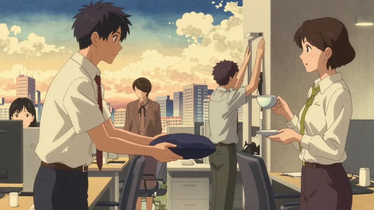 Coworkers supporting a colleague with ergonomic aids, warm lighting, ukiyo-e inspired environment.