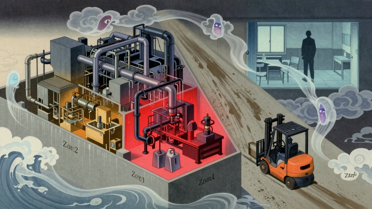 Cross-section of factory zones with colored contamination trails flowing from machinery to floors.