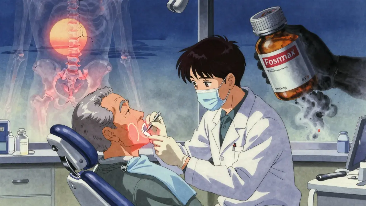 Dentist examining patient’s mouth with faint glowing jawbone, ukiyo-e anime aesthetic.