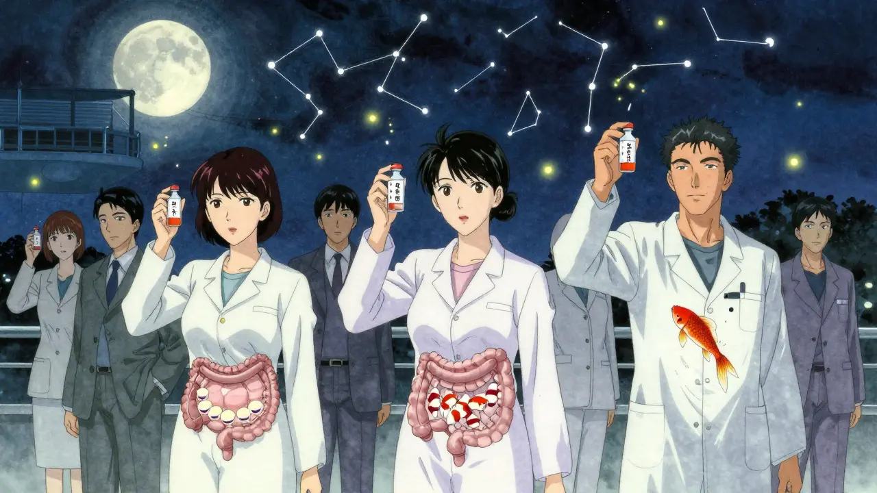Diverse individuals in a clinic hold genetic vials, with glowing biological elements floating around them under a starry sky in ukiyo-e anime style.
