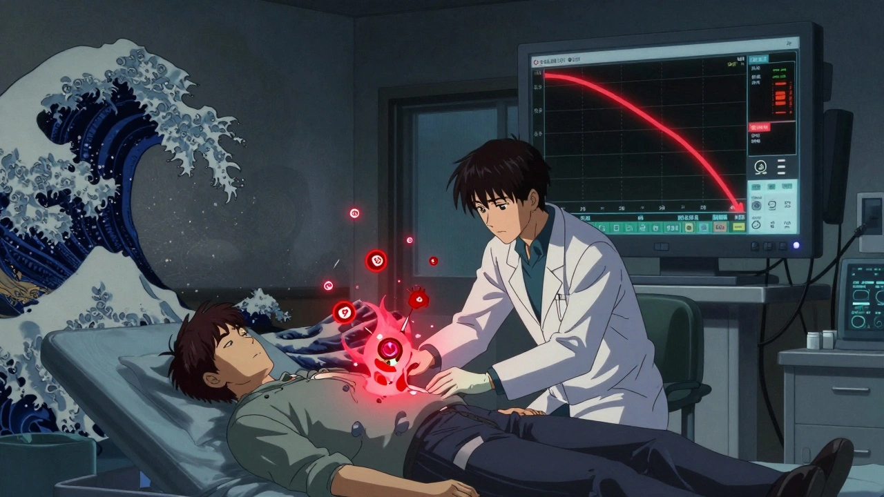 Doctor administering antidote in ER, with glowing reversal agent neutralizing blood thinners and a declining kidney graph.