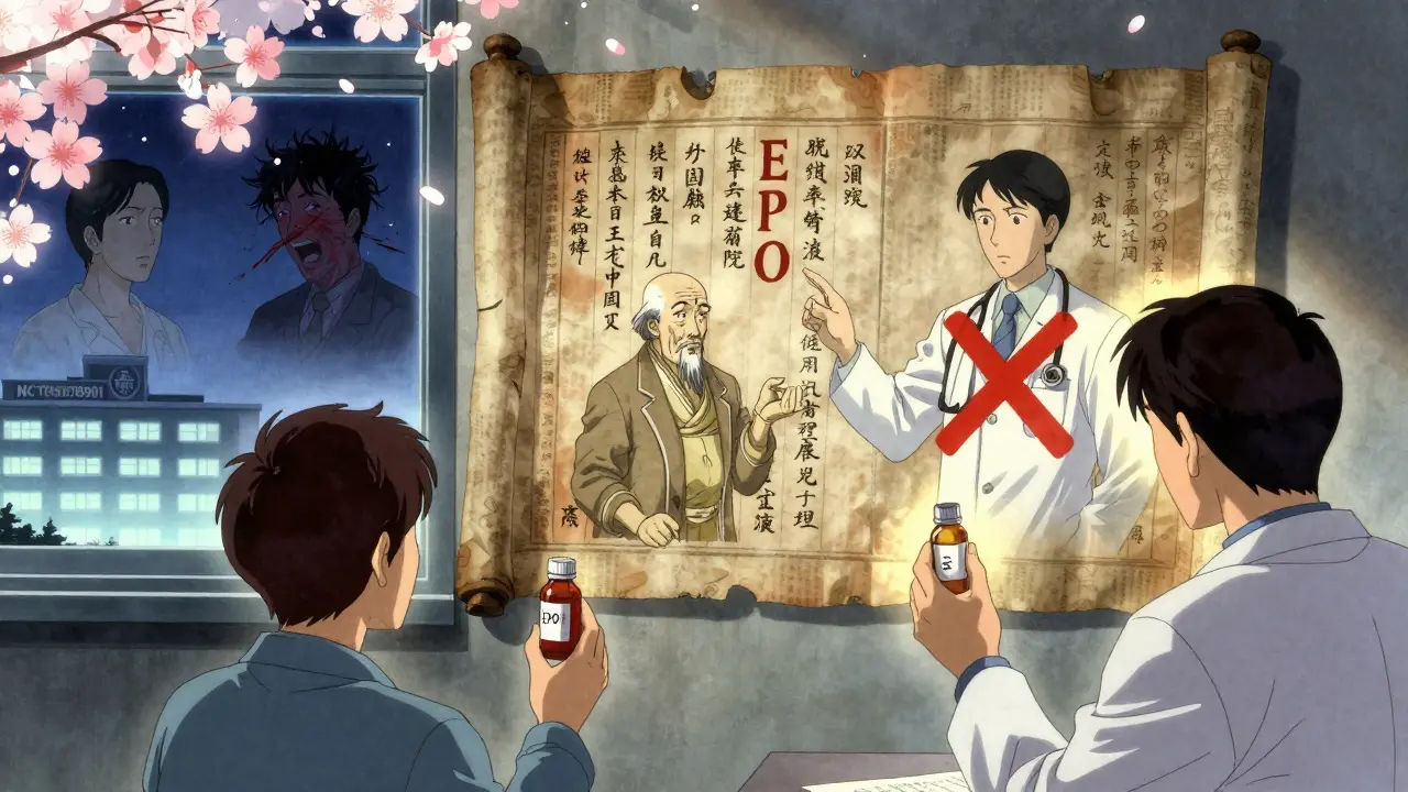 Doctor and patient in a dim room, a scroll shows conflicting medical views on evening primrose oil, with falling cherry blossoms.