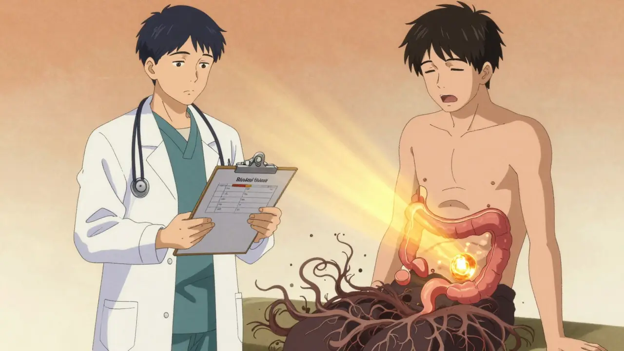 Doctor holding stool scale as golden laxative light dissolves gut blockages in warm tones.