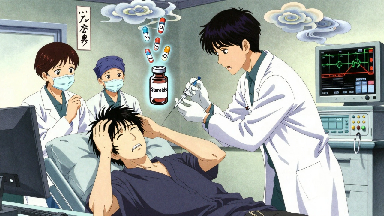 Emergency room staff treating a patient as pharmaceutical symbols dissolve into fractals above a pill bottle.