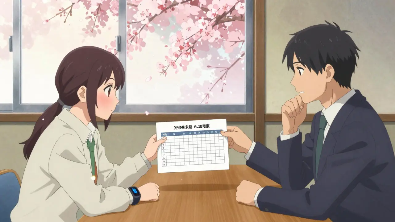 Employee and supervisor reviewing a gradual return-to-work plan with cherry blossoms drifting nearby.