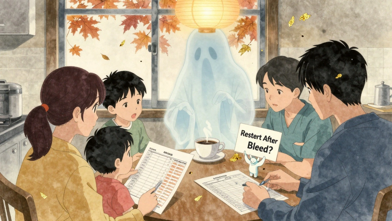 Family reviewing kidney function chart at home, with symbolic clot ghost and angelic figure representing medical decisions.