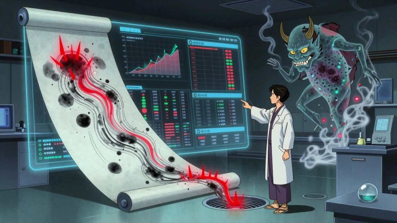 Floating data dashboard with ink-like graphs revealing contamination hotspots in a lab.
