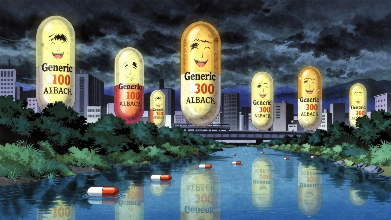 Giant drug billboards loom over a city while generic pills flow peacefully in a river below.