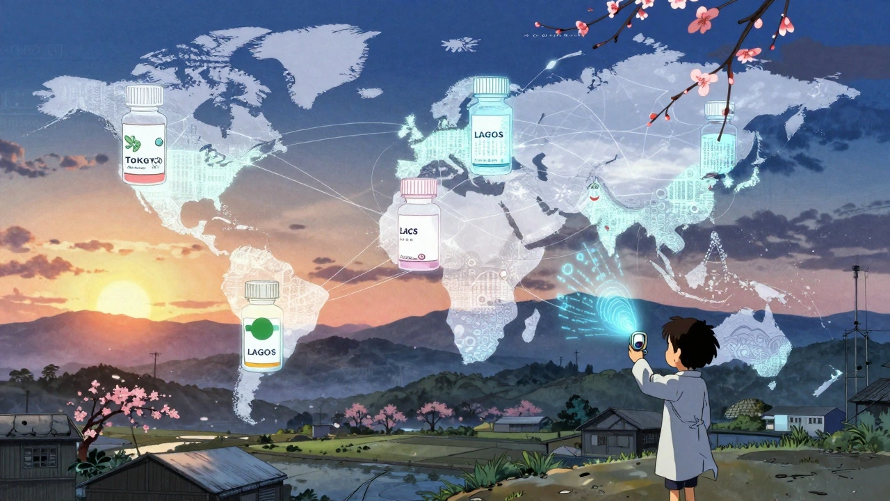 Glowing molecular threads connect pill bottles worldwide under dawn light, symbolizing global drug safety.