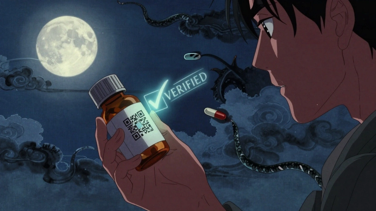 Hand holding pill bottle with glowing QR code projecting &#039;VERIFIED&#039; as counterfeit pills vanish in shadows.