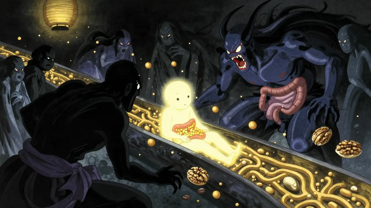 Mythical battle between mineral spirits and thyroid hormone in the digestive tract.