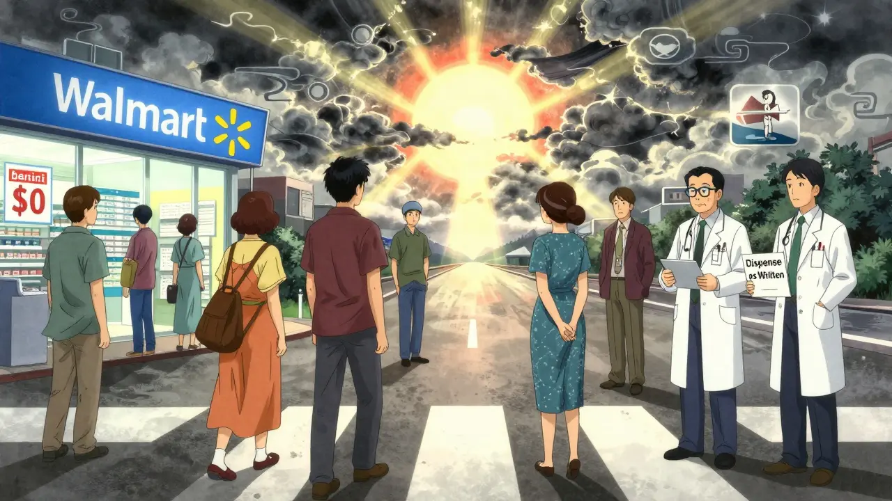 Patients at a crossroads choosing between affordable generics and complex insurance barriers under rising sun.