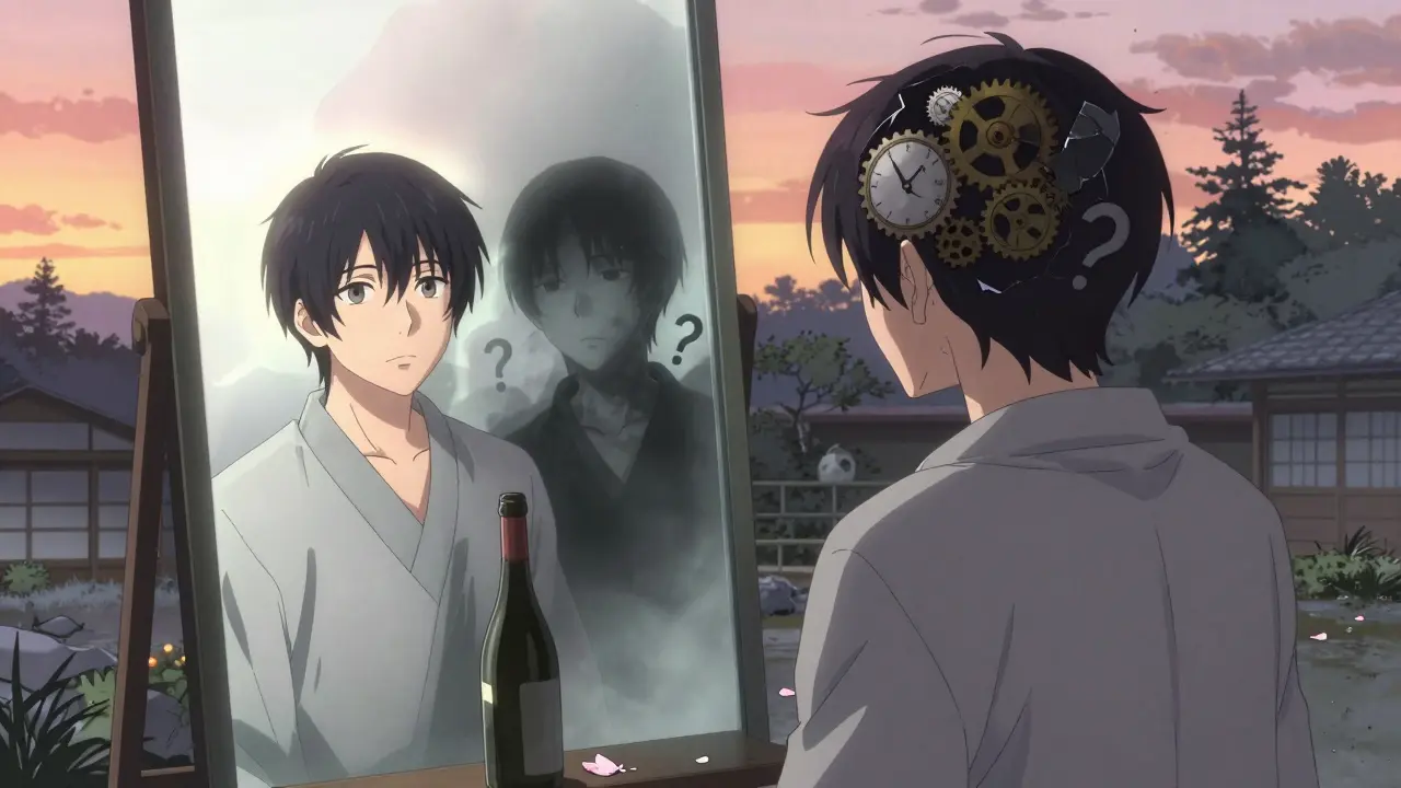 Person at dawn mirror, showing sober self vs. drained reflection with broken clocks and fading garden, empty wine bottle nearby.