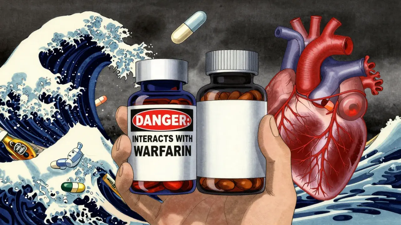 Pharmacist holding two bottles—one with bold warnings, one with none—as red danger threads connect to a heart.