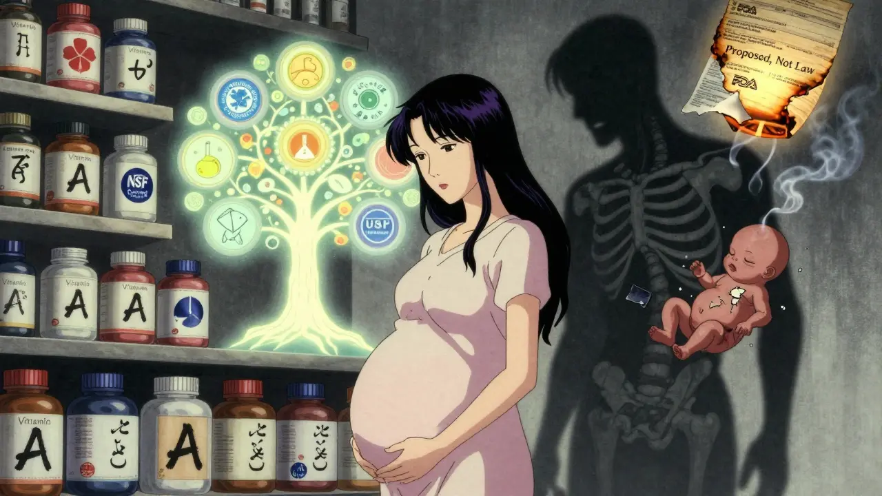 Pregnant woman facing supplement bottles, glowing safety icons behind her, her shadow showing a deformed fetus.