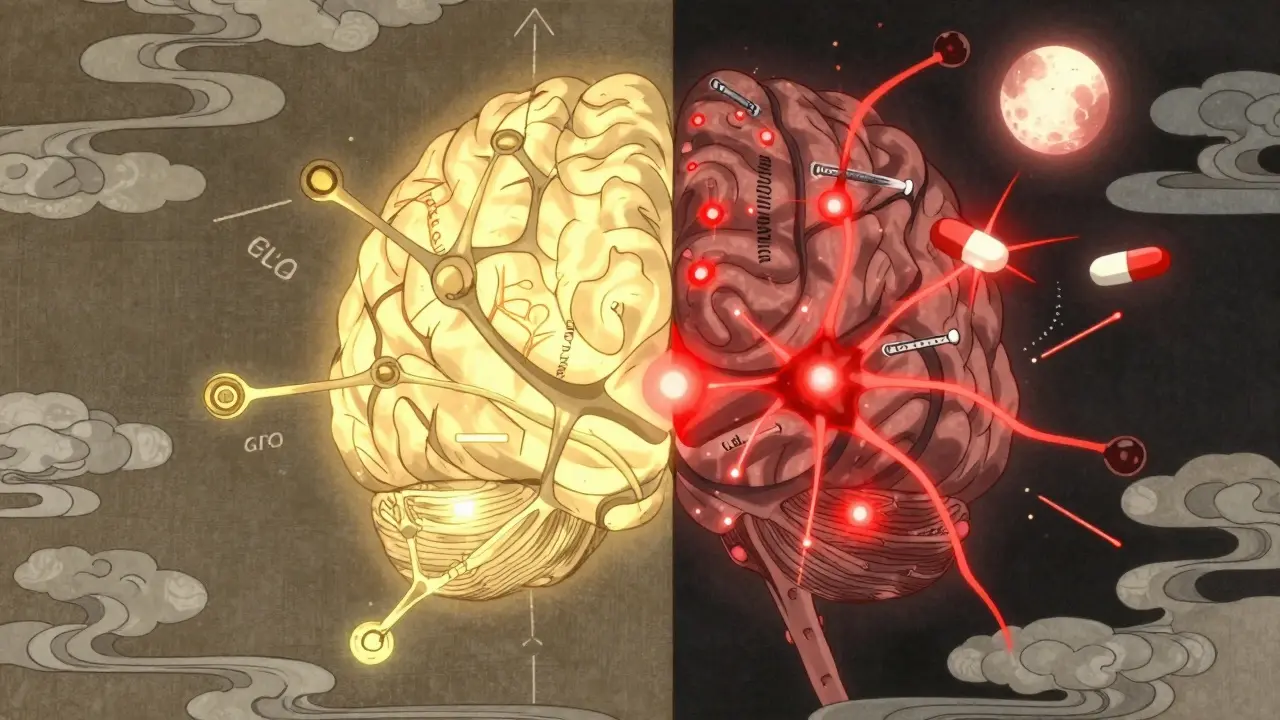 Split brain illustration: one side balanced with golden neurons, the other overstimulated with red flashes near antipsychotic pills.