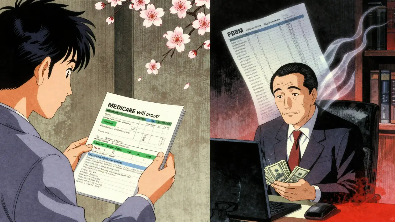 Split scene: beneficiary reviewing generic formulary vs. PBM executive counting money with hidden pricing diagram.