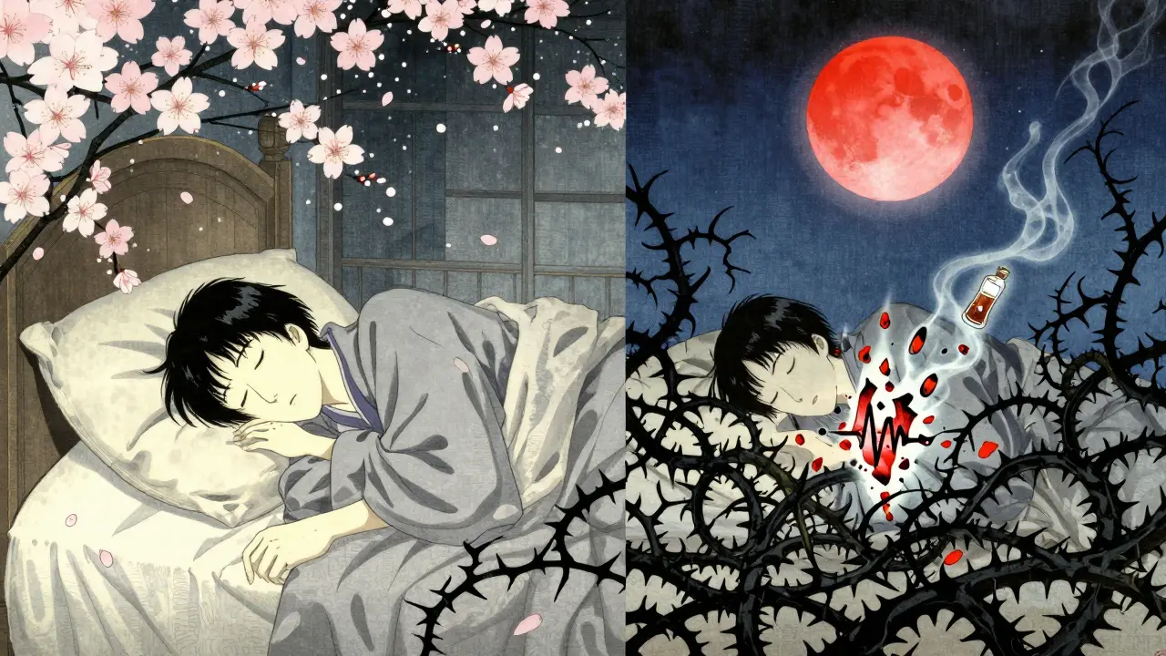 Split scene: peaceful sleeper with cherry blossoms vs. same person tangled in thorny vines and erratic heartbeats at night.