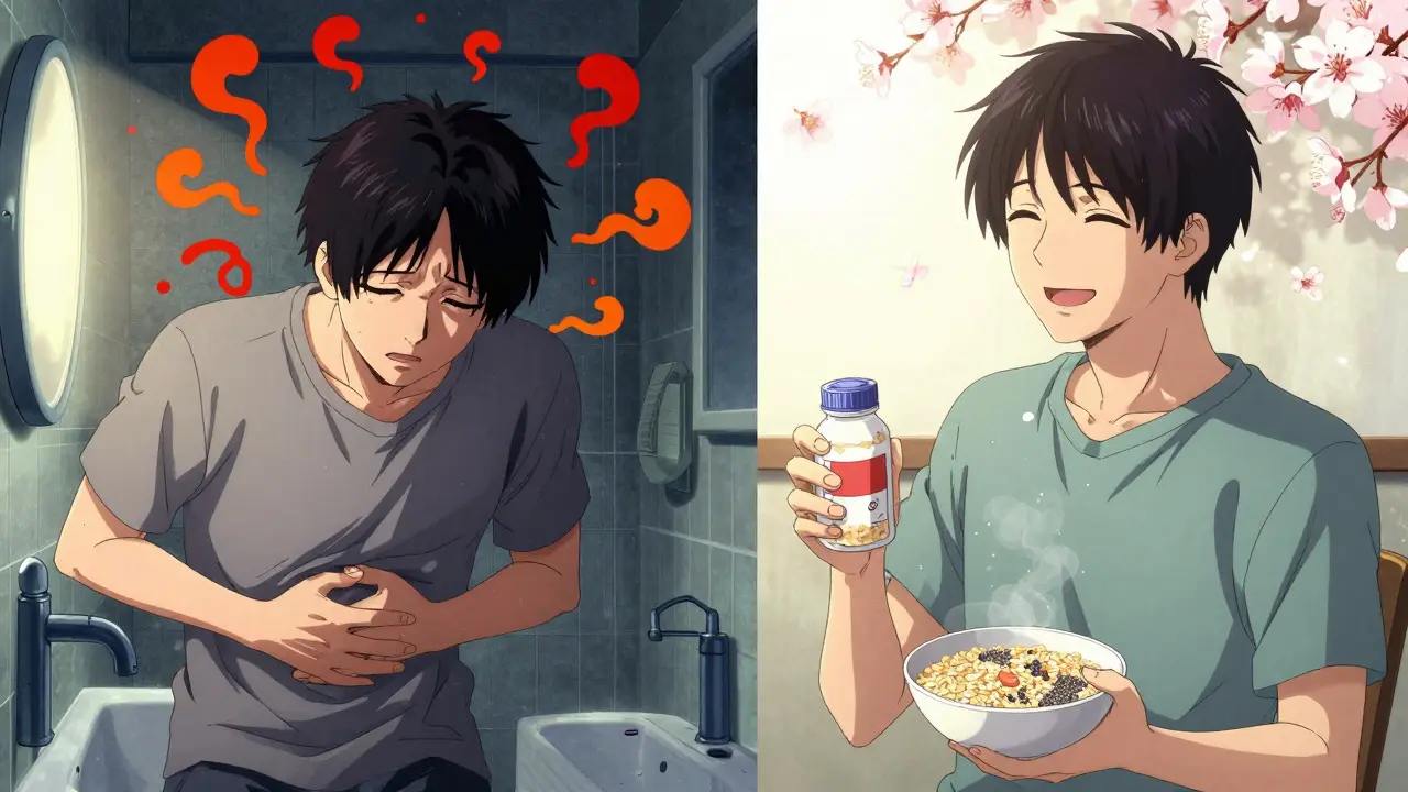 Split scene showing discomfort transitioning to calm as someone manages diarrhea with diet and time.