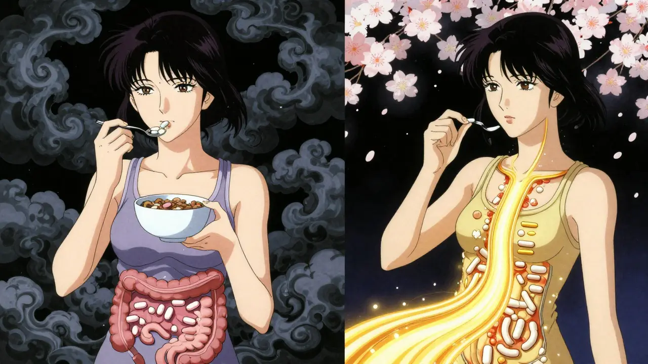 Split scene showing thyroid medication interference on one side and proper timing on the other.