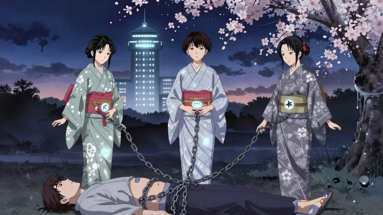 Three spirit-like drugs removing opioid chains from a patient’s abdomen under cherry blossoms.