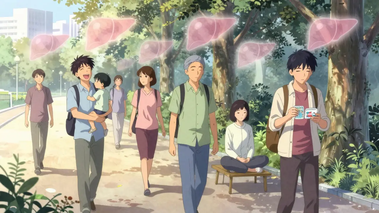 Transplant recipients walk in a park one year later, translucent liver icons fading around them, symbolizing renewed life.