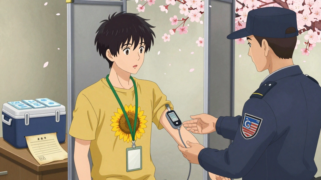 Traveler with green Sunflower Lanyard undergoing private screening while wearing medical device.