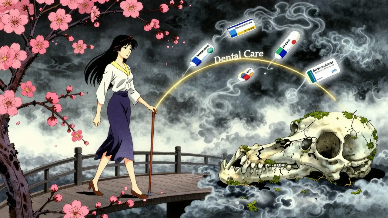 Woman walking confidently beside a dormant jawbone, connected by golden thread labeled 'Dental Care'.