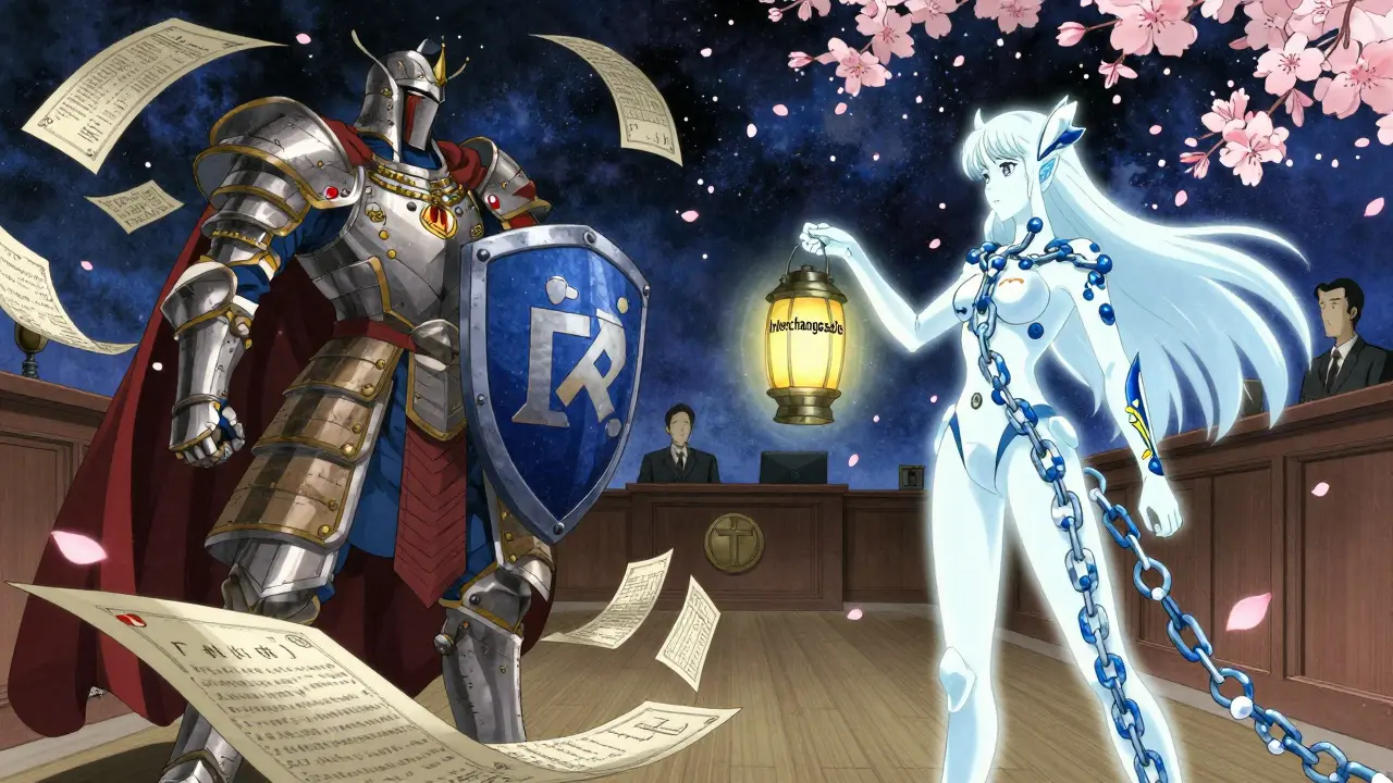 A biosimilar warrior battles patent barriers under cherry blossoms, symbolizing FDA's 2025 policy change.