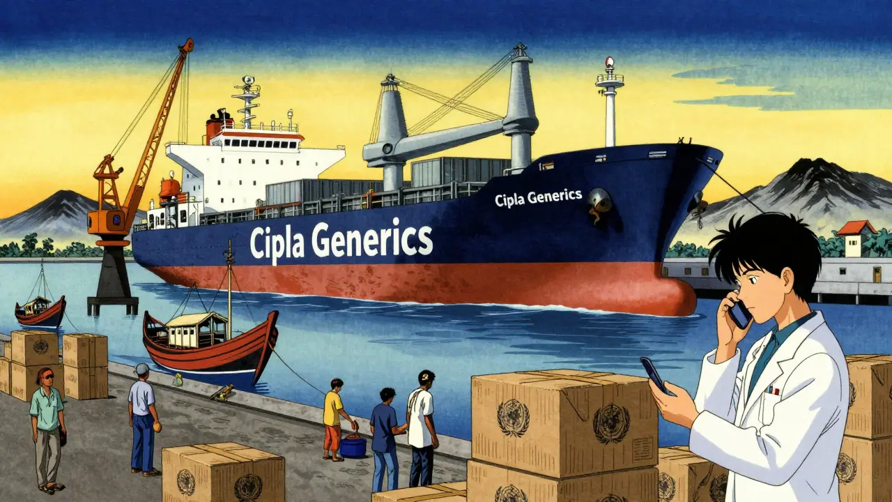 A cargo ship unloads generic medicines at an African port under a ukiyo-e inspired sky.