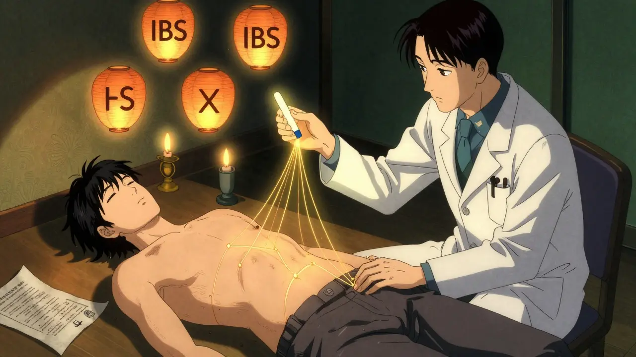 A doctor examining a glowing stool sample with medical conditions floating as lanterns.