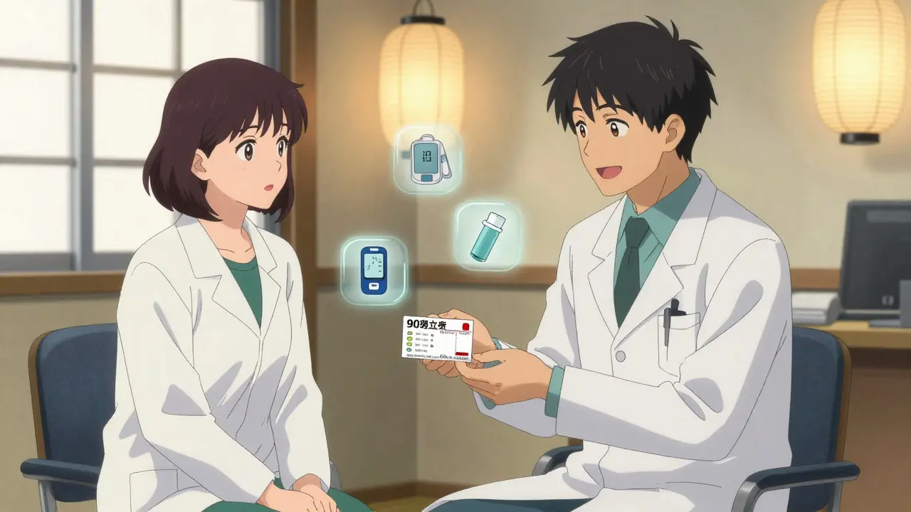 A doctor hands a 90-day prescription to a patient in a sunlit clinic with floating health icons.