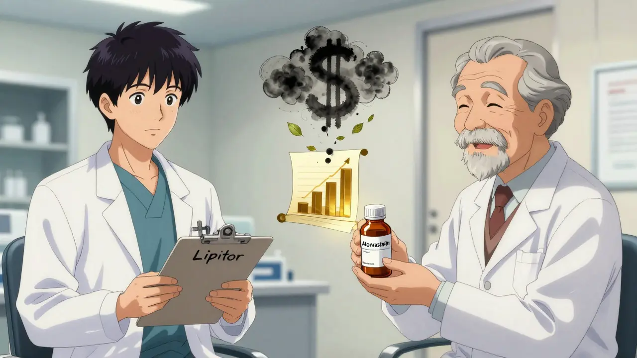A doctor hands a generic pill bottle to a patient, with a golden savings chart floating between them like a traditional scroll.