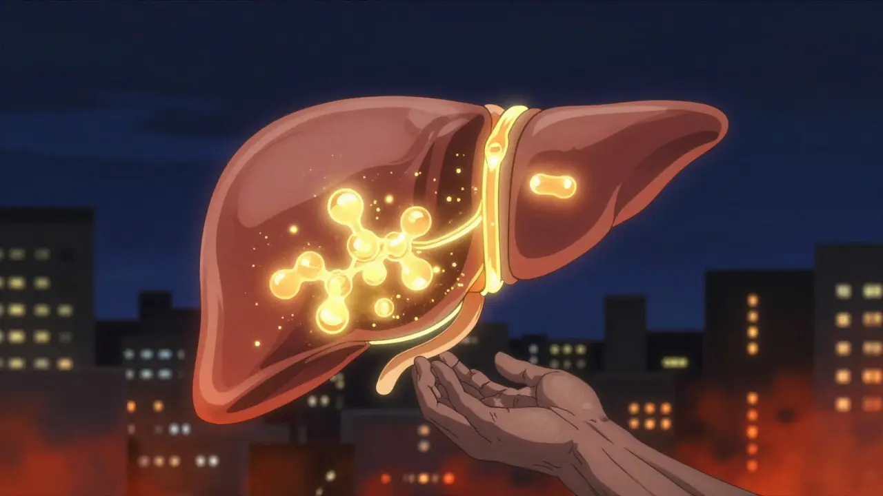 A glowing liver with targeted enzyme pathways shines above a city, while relaxed muscles below remain unaffected by the treatment.