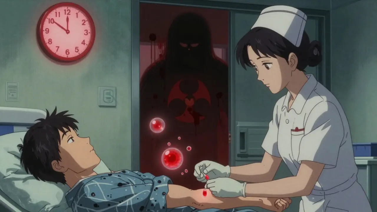 A nurse administering warfarin in an ICU at dusk, with blood clots and bleeding hazards in the air.