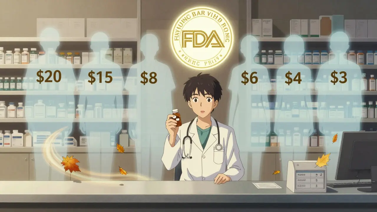 A patient holds a cheap pill bottle as ghostly higher-priced versions fade away behind them.