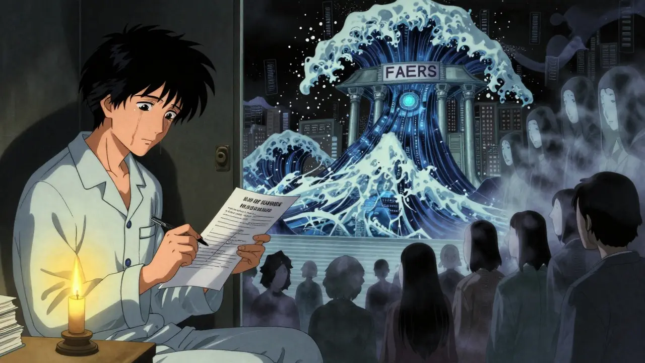 A patient writing a report at night, while the report becomes a data tsunami flowing into a digital shrine.