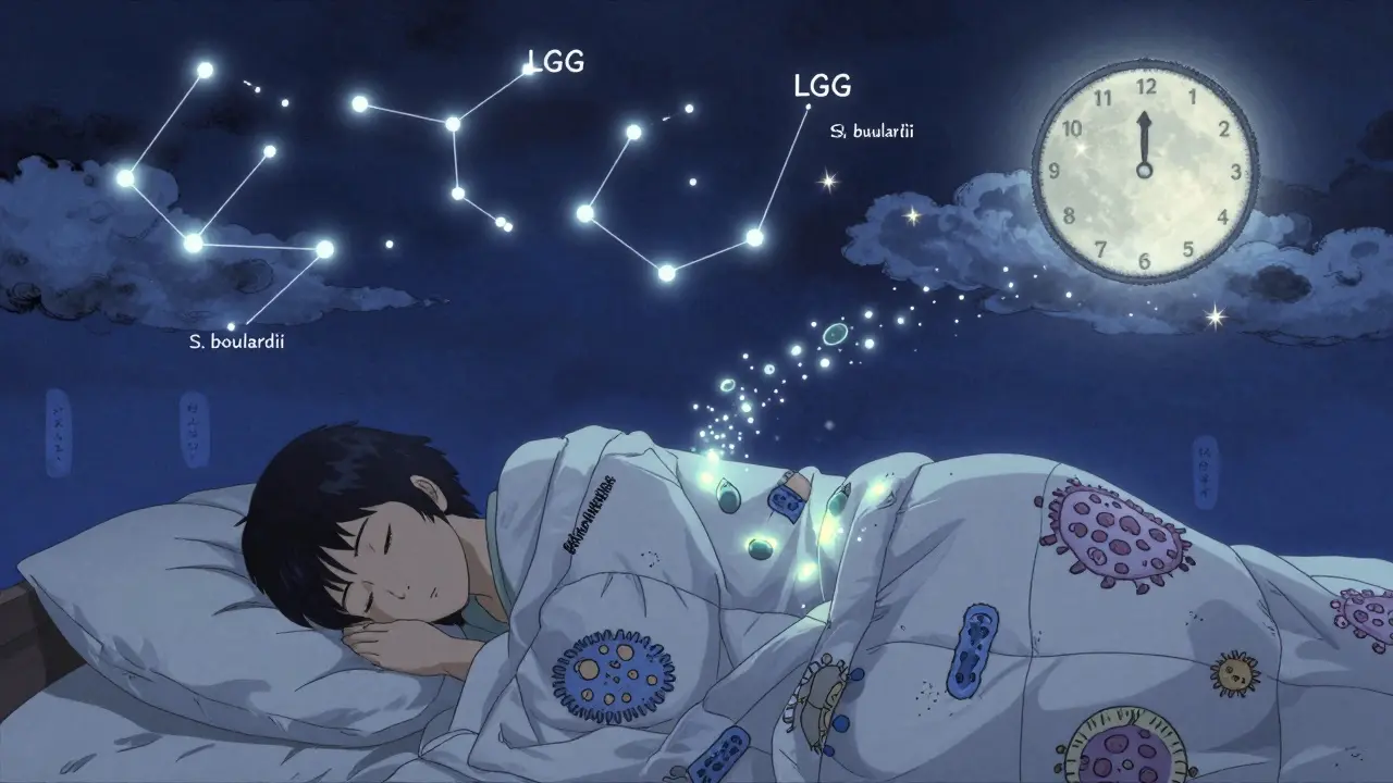 A person sleeping as probiotic strains shine as constellations above, symbolizing gut recovery after antibiotics.
