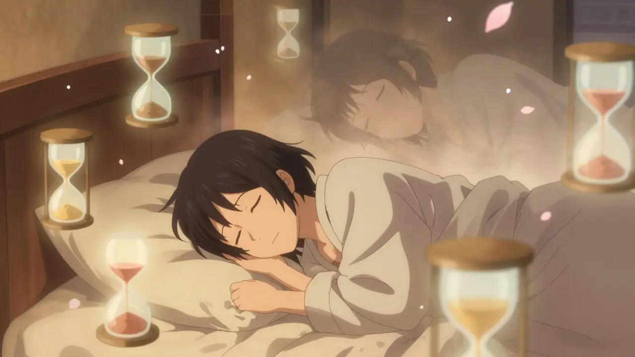 A person sleeps peacefully as glowing hourglasses drain into light, cherry petals rise around them, symbolizing restored rest.
