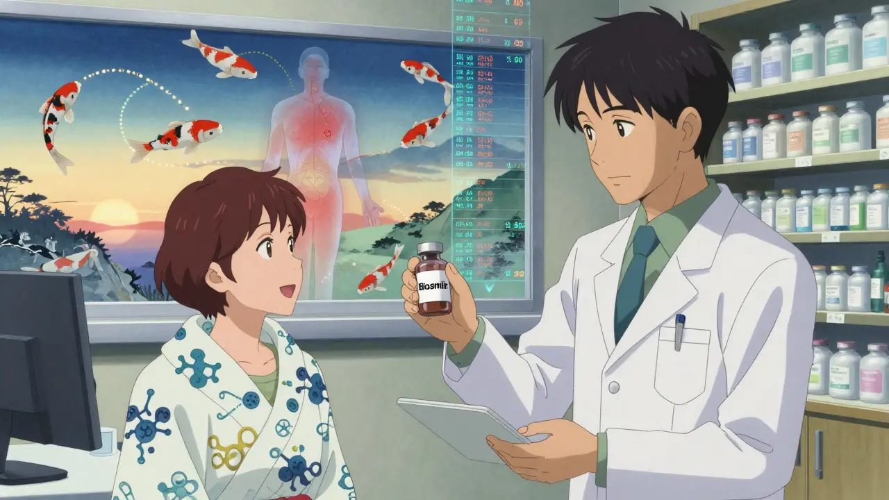A pharmacist gives a biosimilar vial to a patient, with molecular patterns and cost-saving data as floating koi.