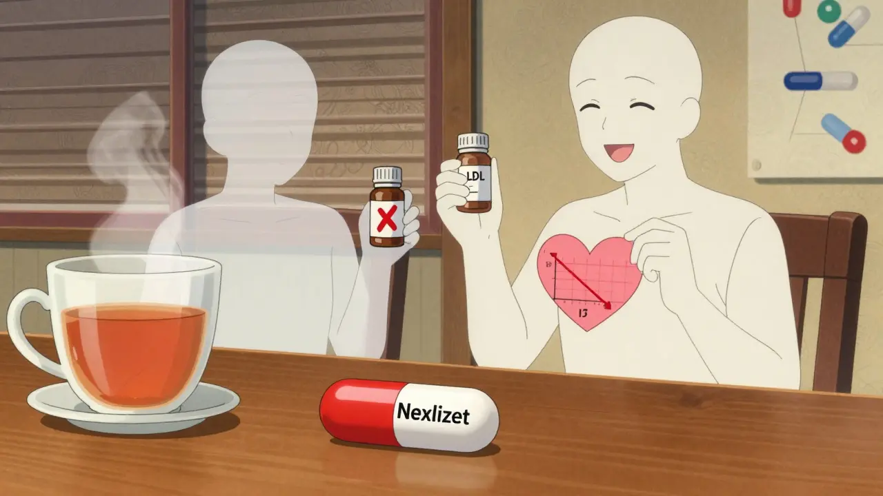 A single Nexlizet pill rests beside tea, with contrasting figures of statin rejection and LDL reduction in a serene, ukiyo-e inspired scene.