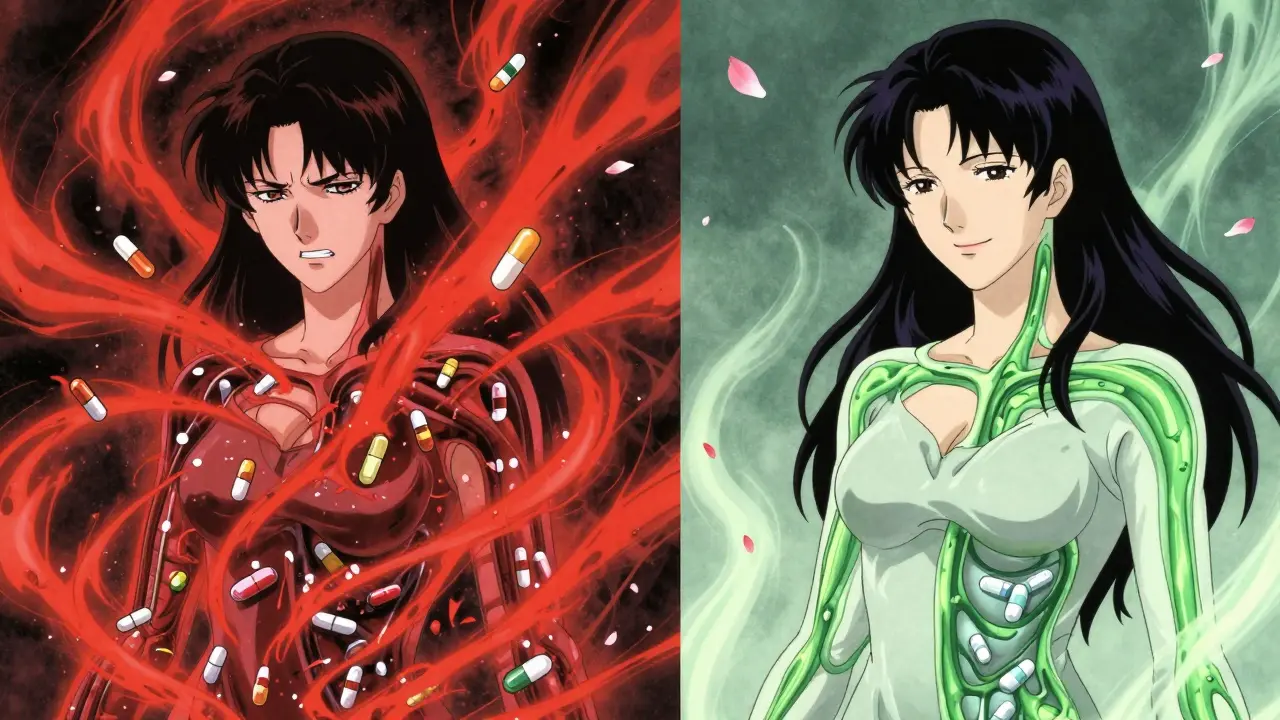 A split-image of a woman experiencing harmful vs. successful drug metabolism through glowing energy.