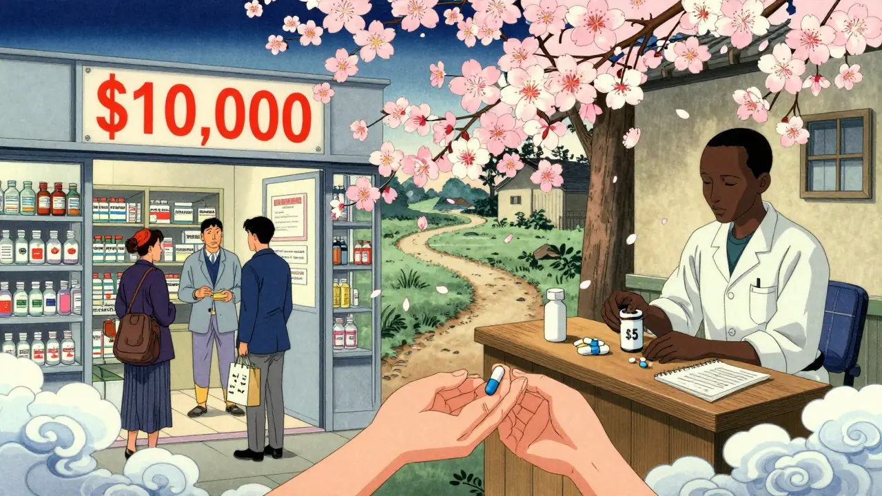 A split scene contrasts expensive Western drugs with affordable generics in an African clinic.