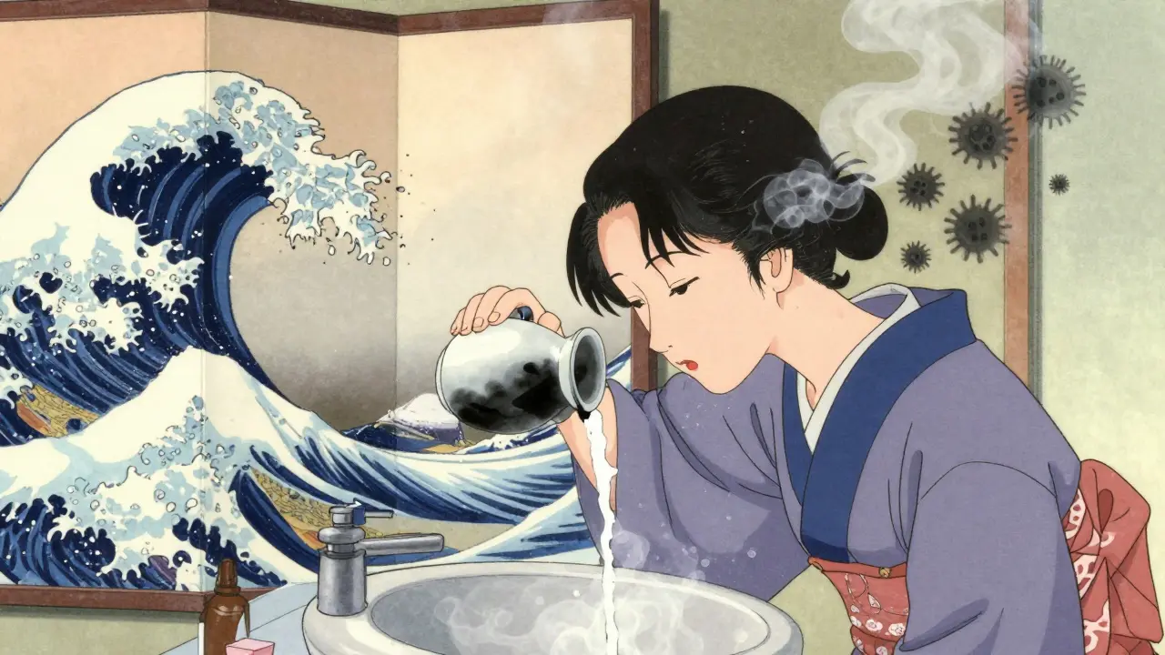 A woman rinsing her ear with alcohol-vinegar solution, protective spirits warding off infection.