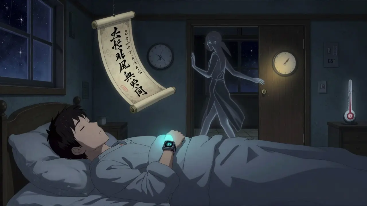 An adult sleeps peacefully while their spectral self walks through the house, an Apple Watch glowing softly on their wrist.