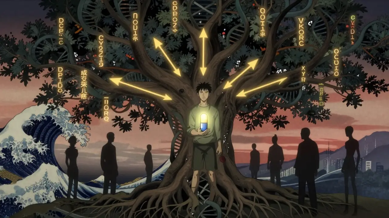 An ancestral DNA tree with global gene variants, highlighting disparities in pharmacogenomic research.