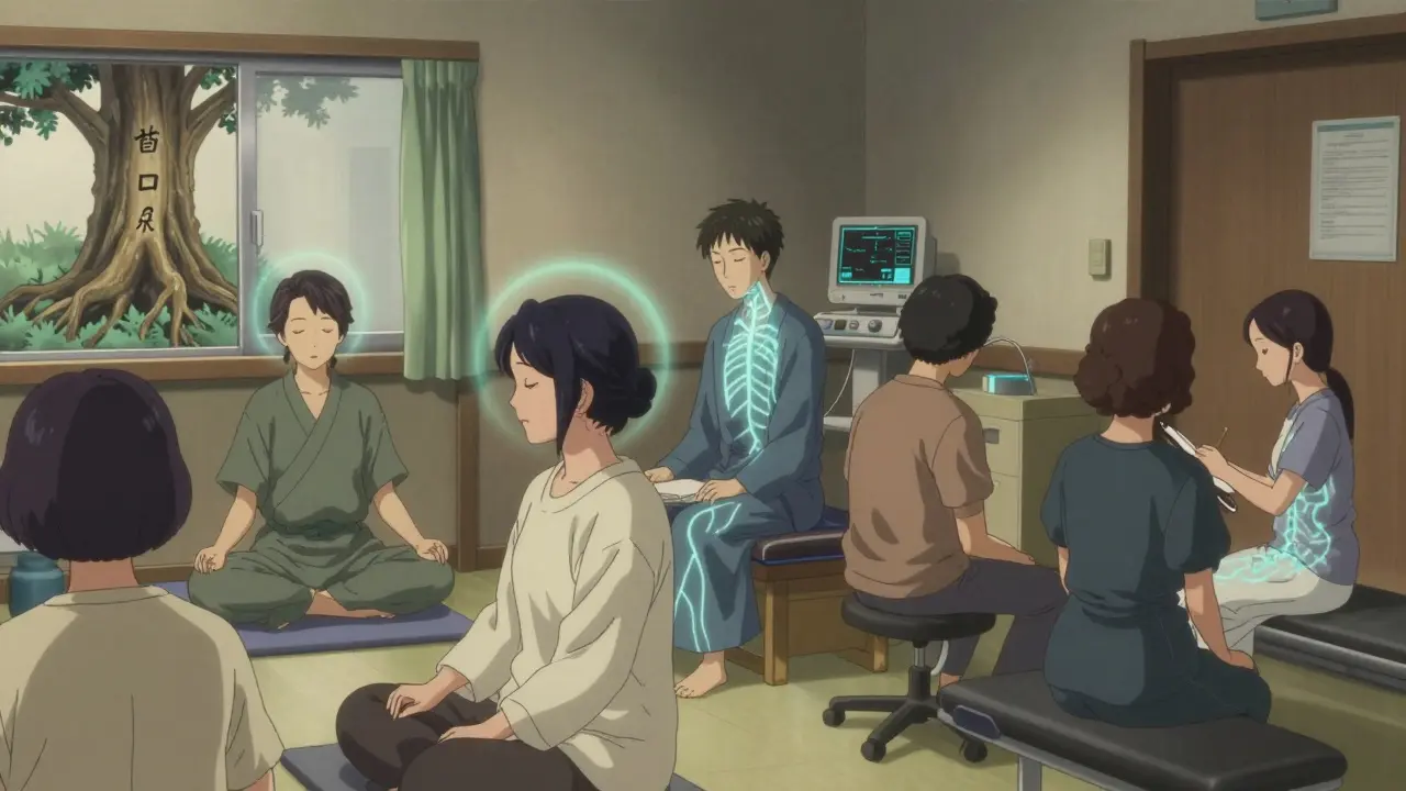 Diverse patients meditating and receiving acupuncture with glowing nerve pathways in an integrative care space.