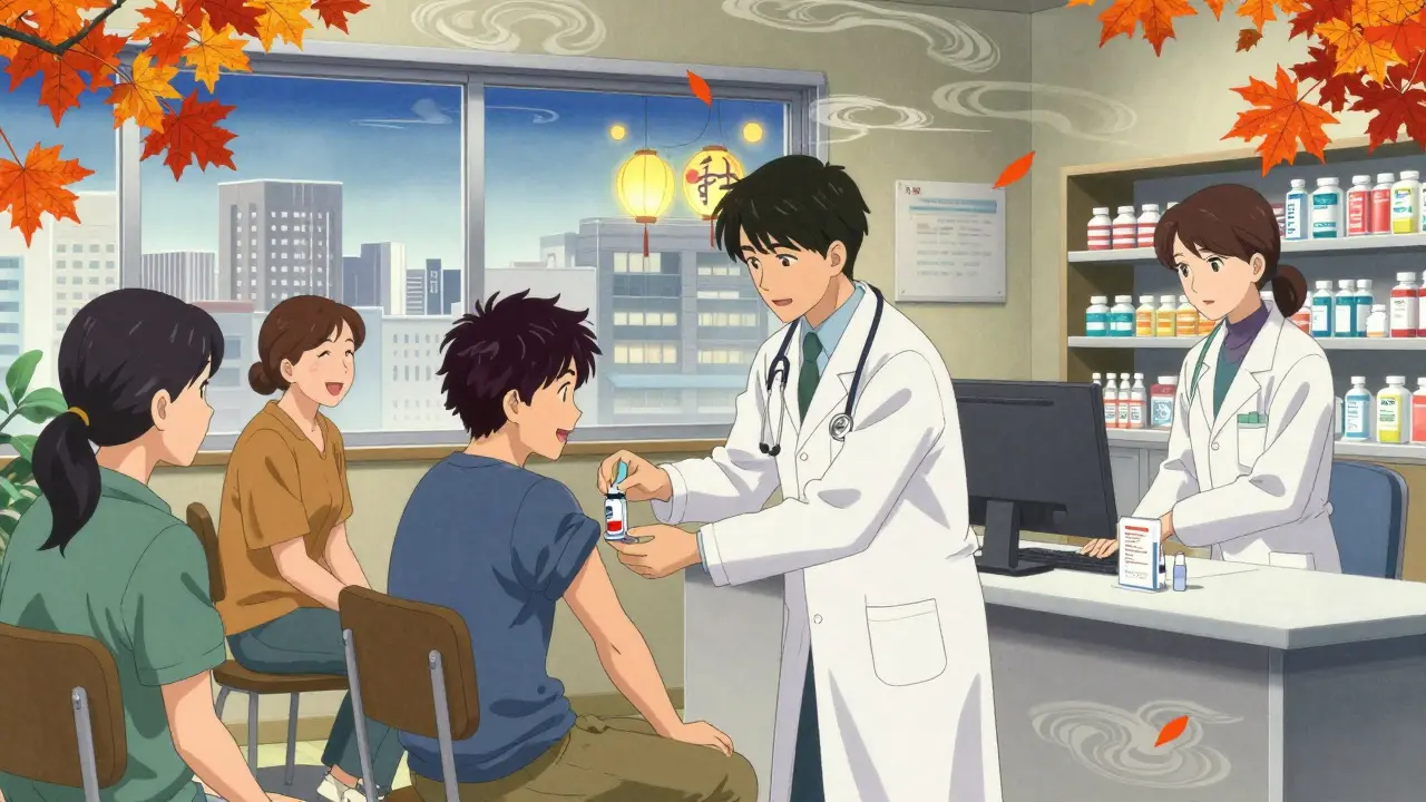 Diverse patients receiving flu shots and naloxone from pharmacists in a community pharmacy setting.