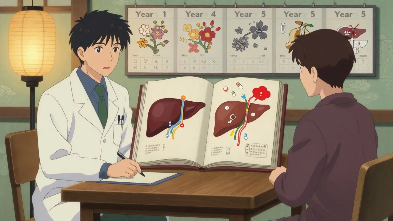 Doctor and patient reviewing HRT pathways, with visual comparison of patch vs. pill delivery methods.