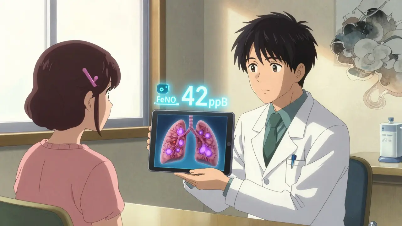 Doctor and patient viewing a glowing 3D lung model with high FeNO reading displayed above.